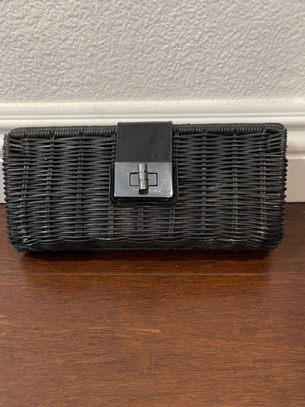 j crew black straw clutch